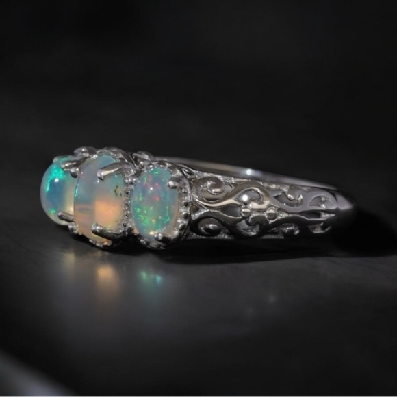 Ethiopian Welo Opal .75ctw 3-stone, Trilogy Sterling Silver/Platinum Plated Ring - Picture 6 of 9